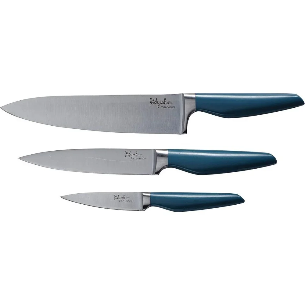 3pc Ayesha Curry Cutlery Japanese Steel Cooking Knife Set in Twilight Teal Blue